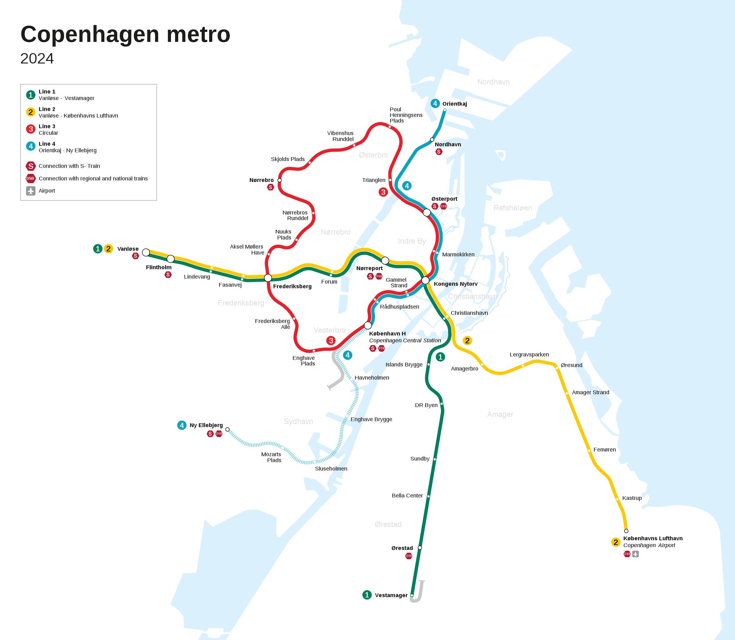 Map of Copenhagen metro: metro lines and metro stations of Copenhagen